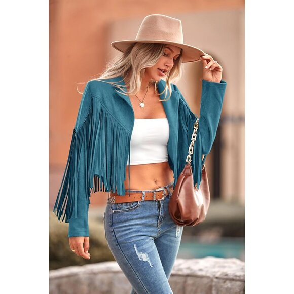 Prettygarden Women's Lake Blue Fringe Motorcycle Cropped Faux Leather Jackets - Picture 4 of 9